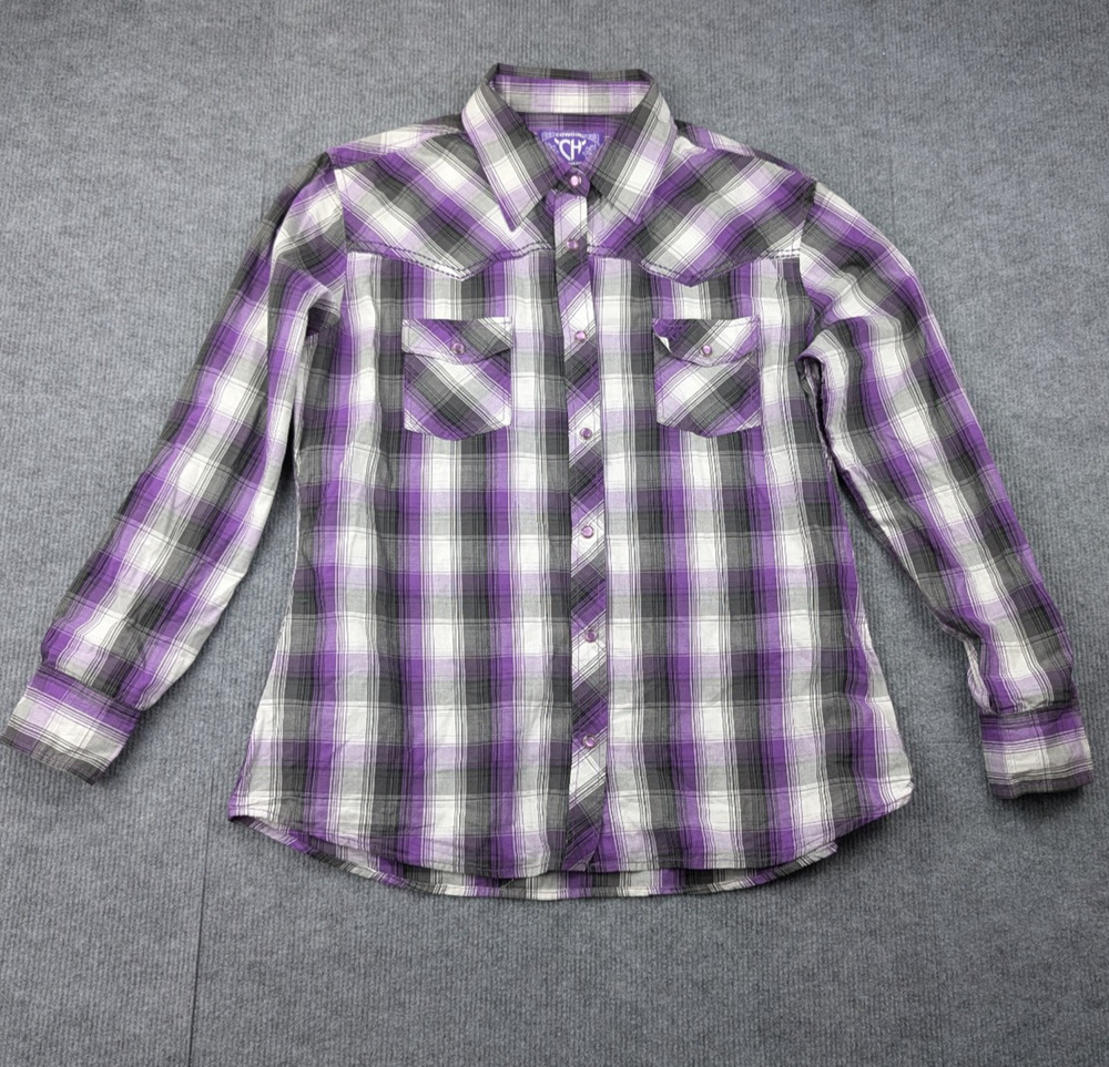 Cowgirl Hardware Pearl Snap Shirt Women Large Purple Plaid Western Rodeo Cowgirl